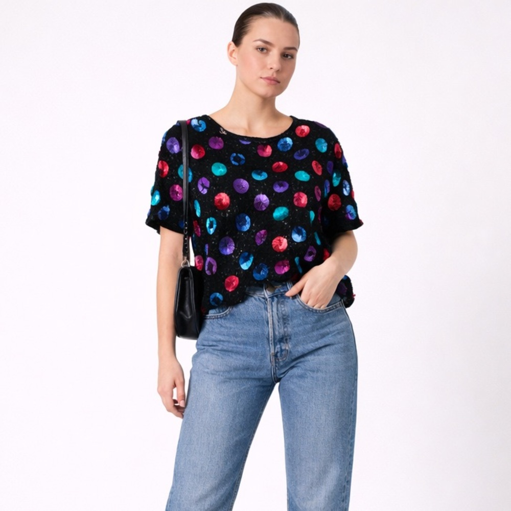 Vintage 80s 100% Silk Beaded & Sequin Polka Dot Blouse